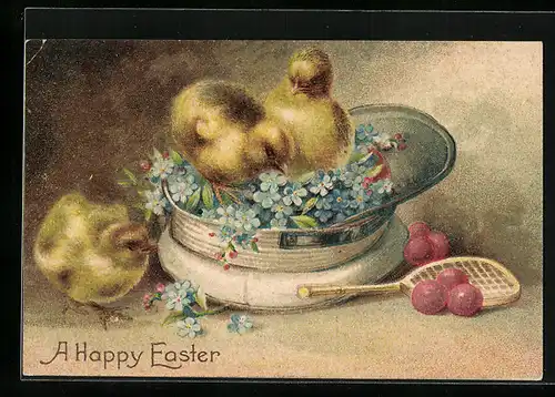 AK Osterküken in einer Mütze mit Vergissmeinnicht