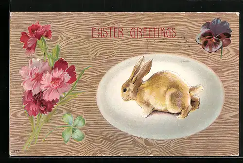 AK Easter Greetings, Osterhase mit Blumen-Motiv