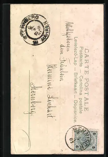 Lithographie Fröhliche Ostern, Dame zwischen Glockenblumen