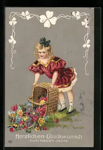 AK Mädchen mit Blumenkorb zu Neujahr