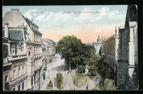 AK Köln, Partie an der Drususgasse mit Strassenbahn