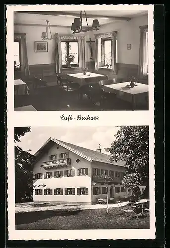 AK Buchsee / Isartal, Cafe mit Eckfassade und Innenansicht