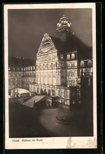 AK Kassel, Rathaus bei Nacht