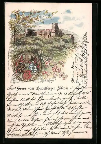 Lithographie Heidelberg, Ansicht vom Heidelberger Schloss, Wappen
