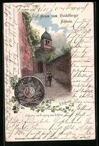 Lithographie Heidelberg, Partie am Aufgang vom Burgweg zum Schloss, Wappen