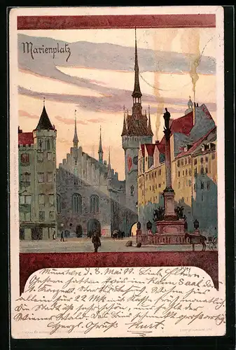 Künstler-AK Heinrich Kley: München, Marienplatz mit Säule u. Kirche