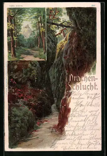 Lithographie Eisenach, Partie in der Drachenschlucht