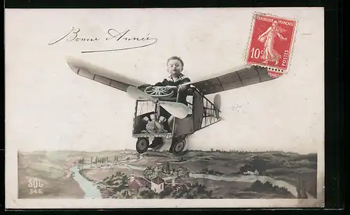 AK Kleiner Junge steuert ein Flugzeug, Fotomontage