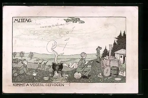 Künstler-AK Kommt a Vogerl geflogen, Flugzeug stört den Mittag