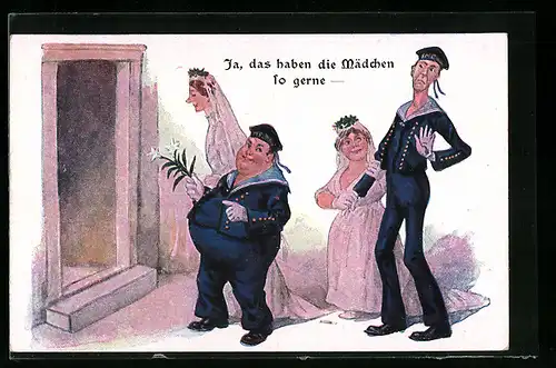 Künstler-AK Matrosen der kaiserlichen Marine mit ihren Bräuten beim Standesamt