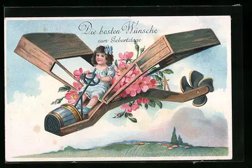 Präge-AK Mädchen im Holzflugzeug