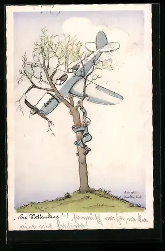 Künstler-AK Flugzeug, Fliegerhumor Nr. H.22, die Notlandung auf dem Baum, der Pilot klettert herunter