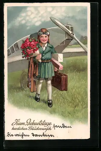 Künstler-AK Kleine Pilotin mit Blumen, Flugzeug