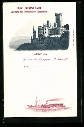 Lithographie Burg Stolzenfels, Rheindampfer Niederwald, Rhein-Dampfschiffahrt