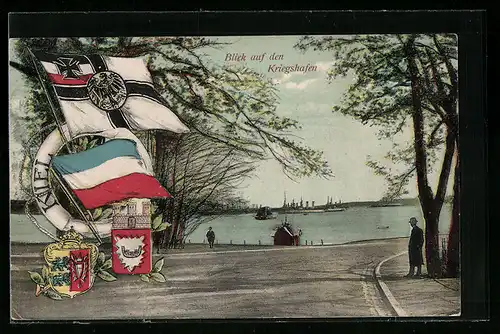 AK Kiel, Blick auf den Kriegshafen, Reichskriegsflagge, Wappen