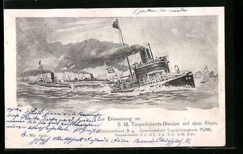 Künstler-AK SM Torpedoboots-Division auf dem Rhein, Divisonsboot D4, Commandant Capitänleutnant Funke