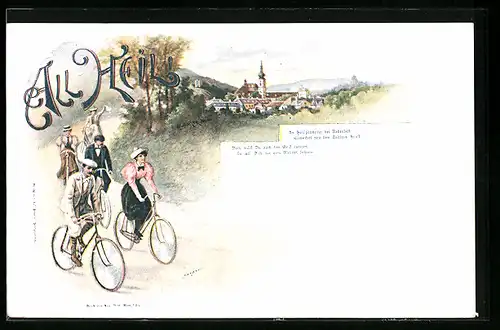 Lithographie Männer & Frauen bei einer Radtour, Ortsansicht