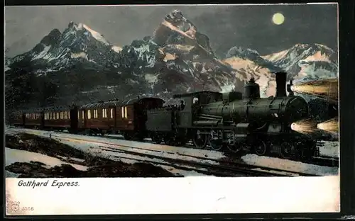 AK Gotthard Express in einer Vollmondnacht, schweizer Eisenbahn