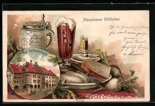 Lithographie Münchner Hofbräuhaus, Aussenansicht, Münchener Stillleben mit Weisswurst, Rüben und Bier
