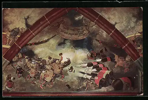 AK München, Wandmalerei Der Champagnerkrieg im Ratskeller