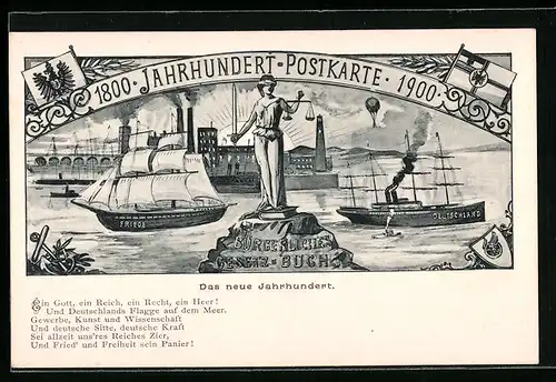 Künstler-AK Jahrhundert Postkarte, 1800-1900, Ballon, Dampfer Deutschland und Segelschiff Friede