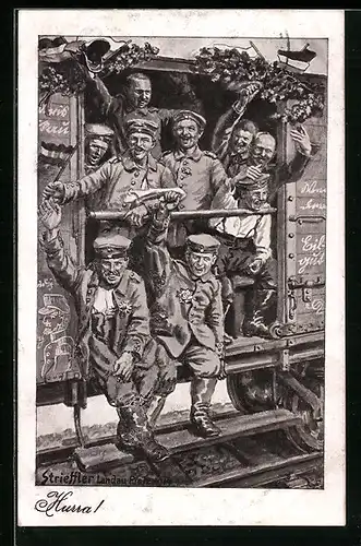 Künstler-AK sign. Strieffler: Jubelnde Soldaten im Zug