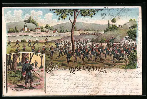 Lithographie Gruss aus dem Kaisermanöver, Auf Vorposten