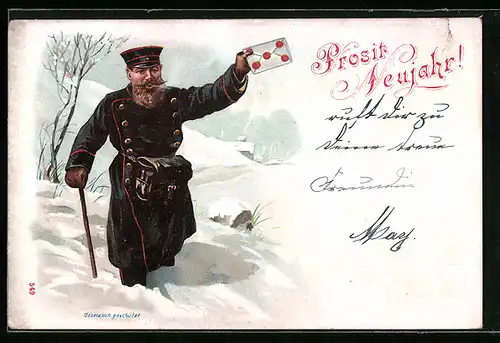 Lithographie Prosit Neujahr!, Briefträger im Schnee