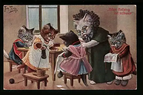 Künstler-AK Arthur Thiele: Handarbeitsunterricht in der Katzenschule