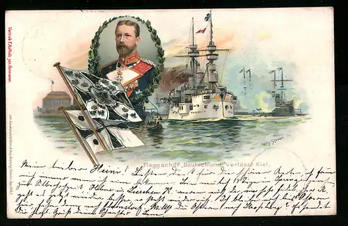 Künstler-AK Willy Stoewer: Flaggschiff Deutschland verlässt Kiel, Kriegsschiff