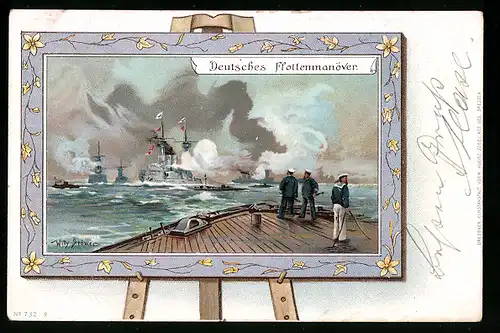 Künstler-AK Willy Stoewer: Deutsches Flottenmanöver, beobachtet vom Deck eines Kriegsschiffes