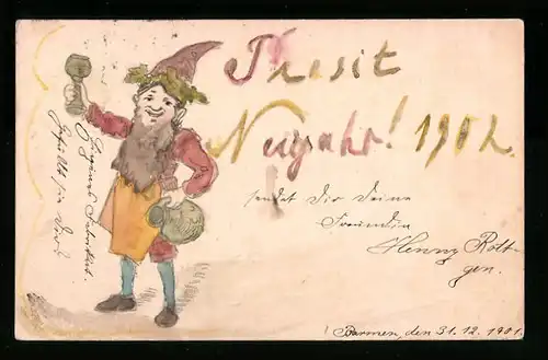 Künstler-AK Handgemalt: Zwerg mit Glas und Krug