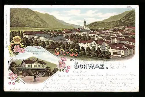 Lithographie Schwaz, Bahnhofsrestaurant Hölzl, Totalansicht aus der Vogelschau