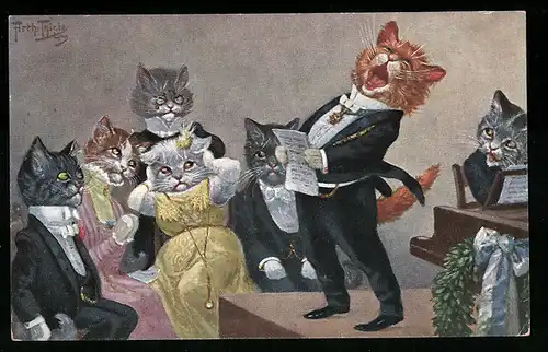 Künstler-AK Arthur Thiele: Katzen in der Oper, vermenschlichte Tiere