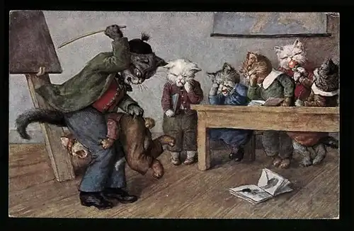 AK Katzenlehrer schlägt Katzenjungen, vermenschlichte Tiere