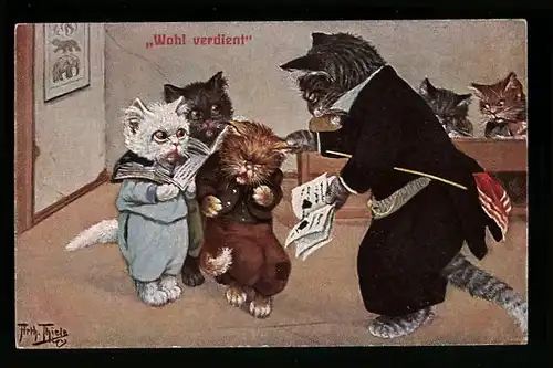 Künstler-AK A. Thiele: Vermenschlichte Katzen werden in der Schule bestraft