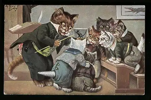 Künstler-AK Arthur Thiele: Sachliche Studien, Katzenlehrer unterrichtet Schüler, vermenschlichte Tiere