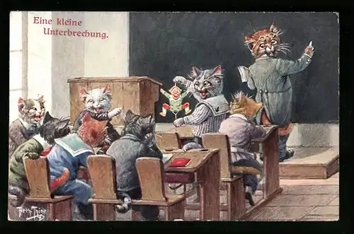 Künstler-AK Arthur Thiele: Vermenschlichte Tiere, Katzen im Klassenzimmer, Lehrer und Kinder