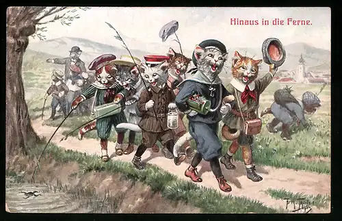 Künstler-AK Arthur Thiele: Katzenklasse auf Exkursion