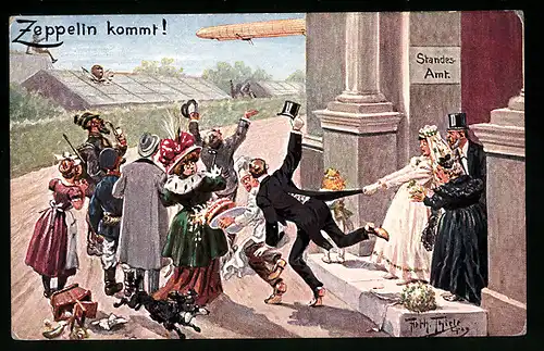 Künstler-AK Arthur Thiele: Beim Standesamt, Der Zeppelin kommt!