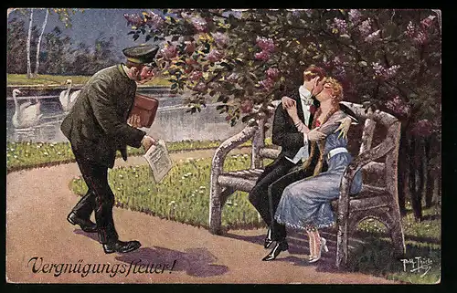 Künstler-AK Arthur Thiele: Gerichtsvollzieher spricht Frau und Mann beim küssen an