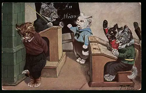 Künstler-AK Arthur Thiele: Ernste Wissenschaft, Katzenbube mit seinem Lehrer an einer Schultafel, vermenschlichte Tiere