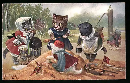Künstler-AK Arthur Thiele: Katzenkinder auf dem Spielplatz