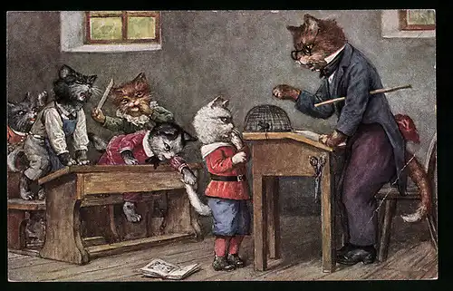 Künstler-AK A. Thiele: Katzen Schule, Anschauungs-Unterricht