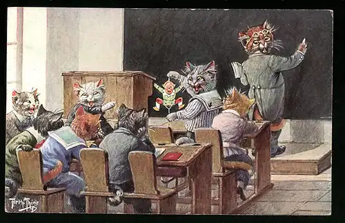 Künstler-AK Arthur Thiele: Vermenschlichte Tiere, Katzen im Klassenzimmer, Lehrer und Kinder