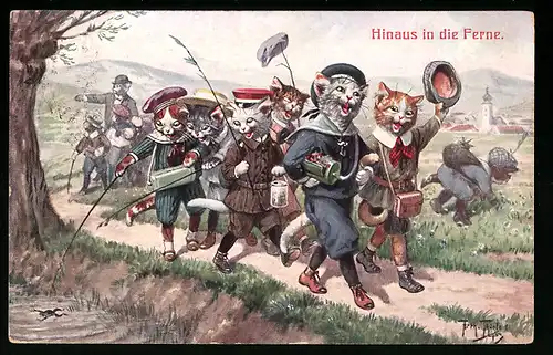 Künstler-AK Arthur Thiele: Katzenklasse auf Exkursion