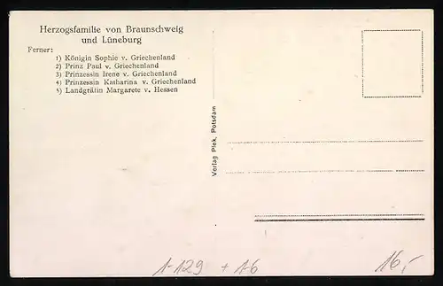 AK Herzogsfamilie von Braunschweig und Lüneburg, Königin Sophie von Griechenland, Landgräfin Margarete von Hessen