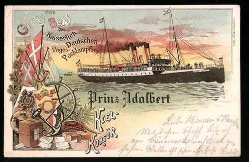 Lithographie Kiel-Korsör, Passagierschiff Kaiserlich Deutscher Postdampfer Prinz Adalbert
