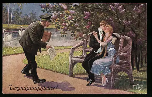 Künstler-AK Arthur Thiele: Gerichtsvollzieher spricht Frau und Mann beim küssen an