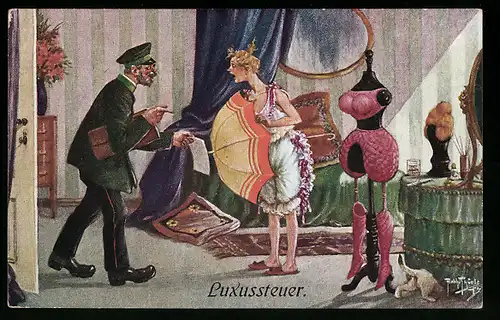 Künstler-AK Arthur Thiele: Steuerquellen, Steuereintreiber verlangt Luxussteuer von einer Tänzerin